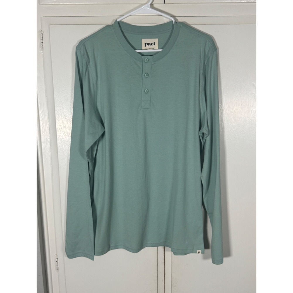 Pact Mens Organic Cotton Long Sleeve Henley Shirt Sage Green Size M